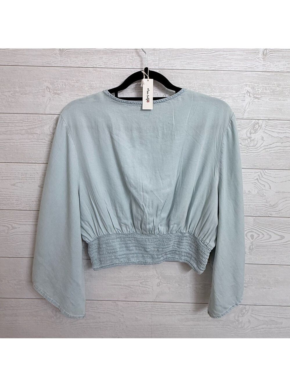 Miss Selfie Women’s Light Blue Long Sleeve Crop Top. Size L - Picture 2 of 6